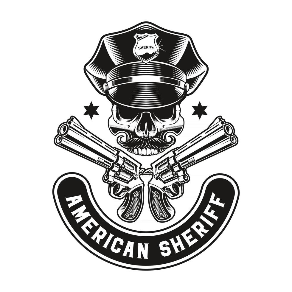 A vector vintage illustration of a policeman skull with guns