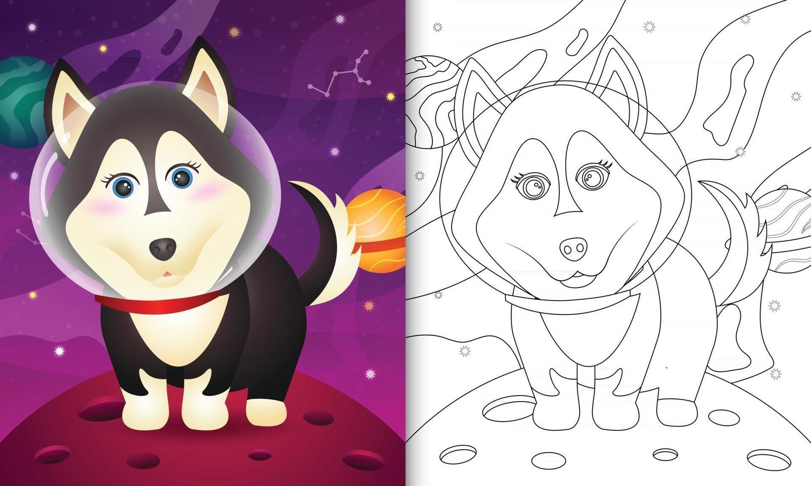 libro para colorear para niños con un lindo perro husky en la galaxia espacial vector