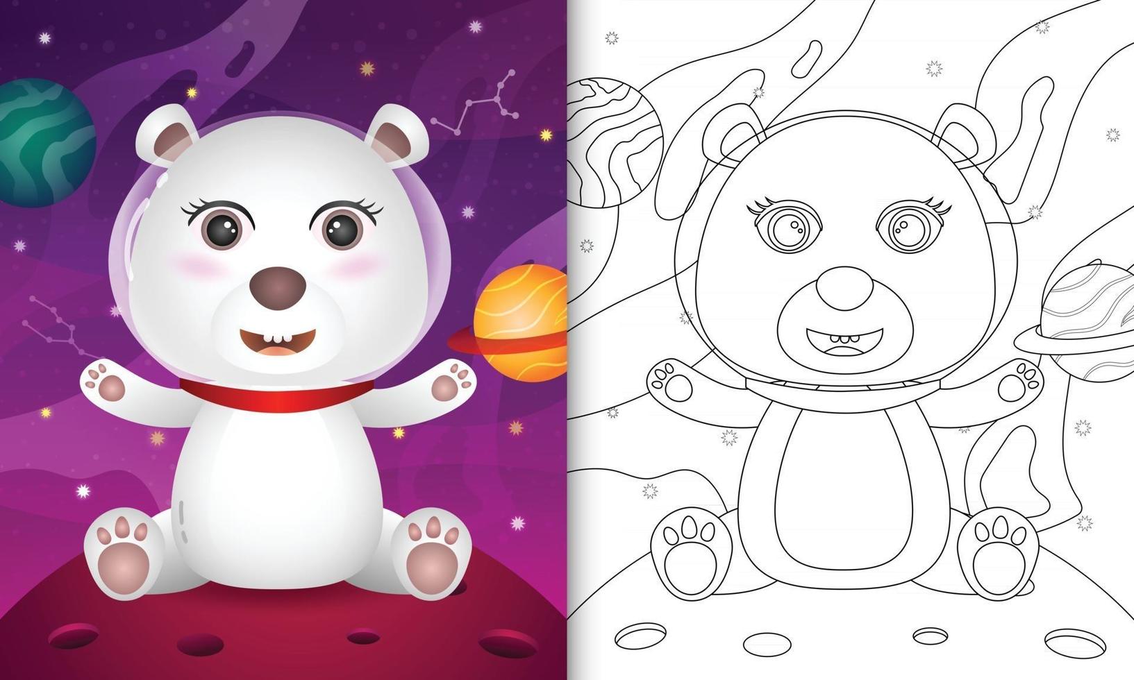 coloring book for kids with a cute polar bear in the space galaxy vector