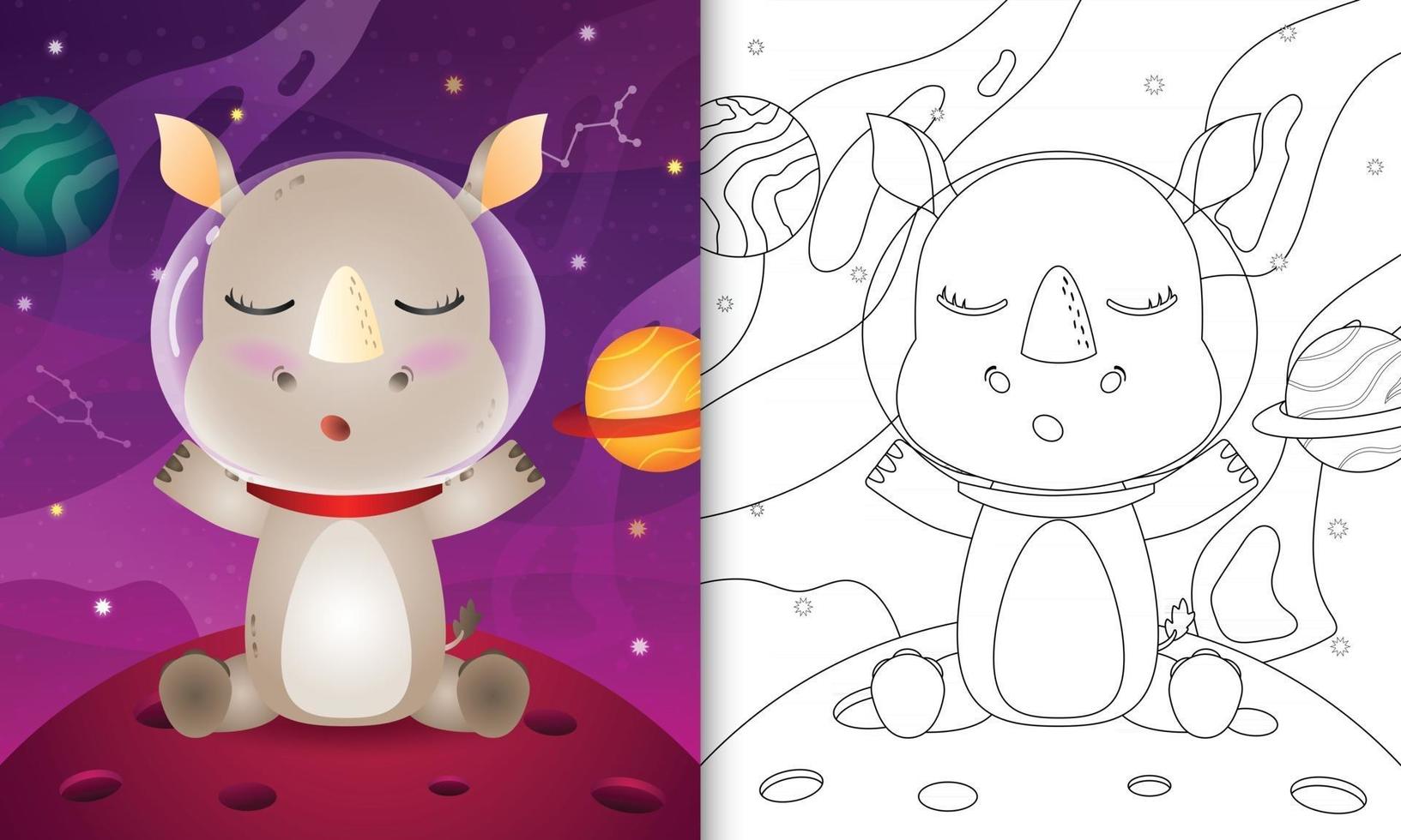 libro para colorear para niños con un lindo rinoceronte en la galaxia espacial vector
