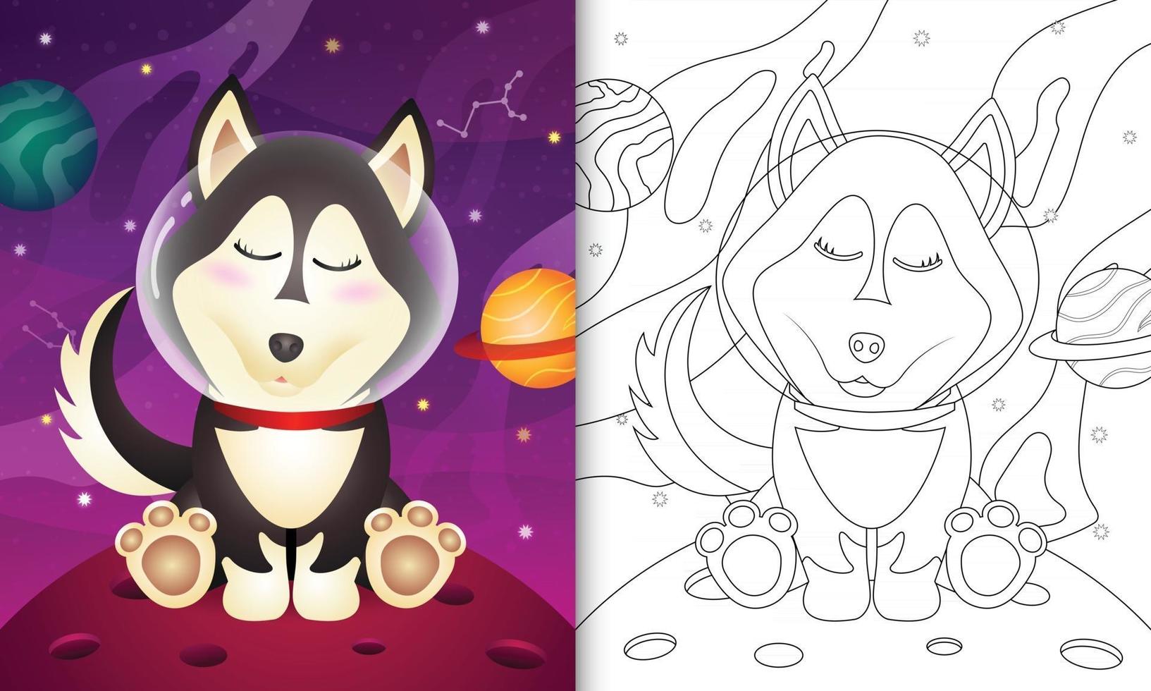 libro para colorear para niños con un lindo perro husky en la galaxia espacial vector