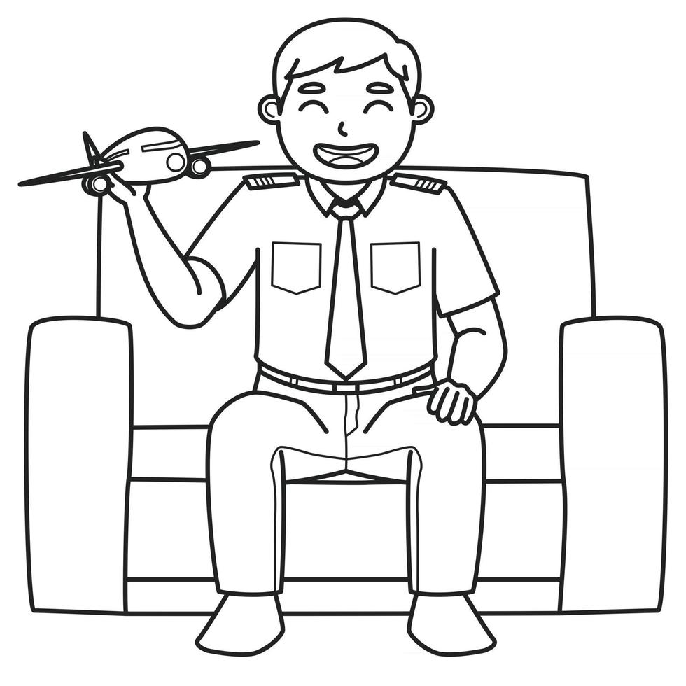 El personaje de papá que es piloto sostiene un avión de juguete mientras está sentado en el sofá. color blanco y negro. Ilustración de libro para colorear. vector