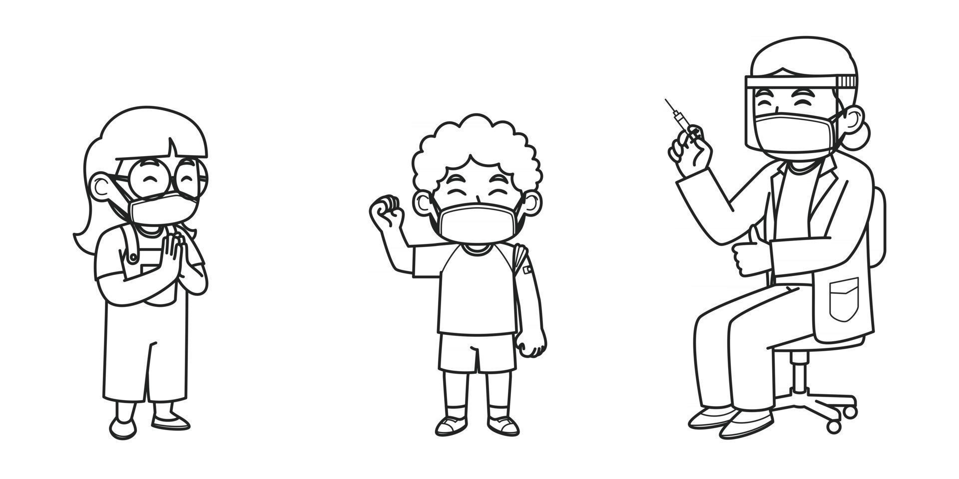 Doctors and Children Character Wear Face Masks During The Vaccination Process. Coloring Book. Vector Illustration.