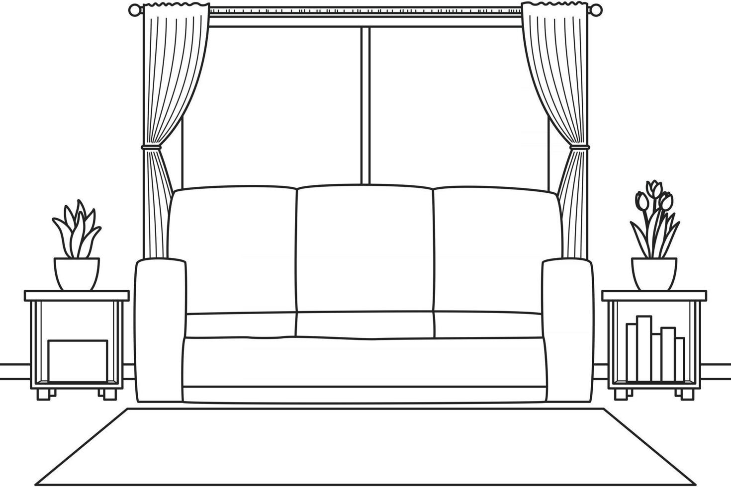 acogedor living con sofa y alfombra. color blanco y negro. Ilustración de libro para colorear. vector