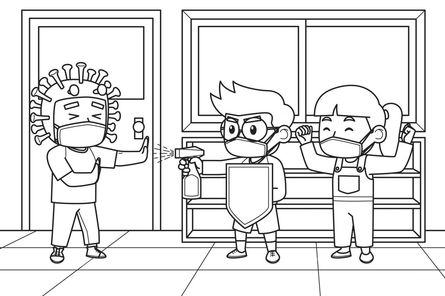 Children's Doing a Drama Show About Fighting Covid-19 in The School Hallway. Coloring Book Illustration. Vector Illustration.