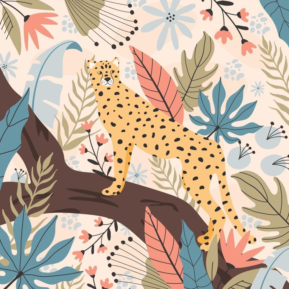 Tropical cheetah background, hand drawn illustrations. vector