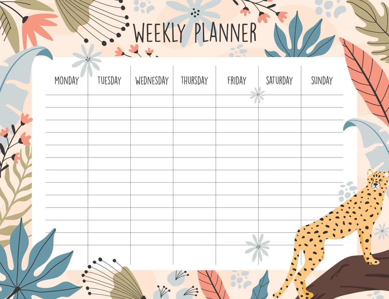 Weekly planner template. Tropical cheetah background, hand drawn illustrations. vector