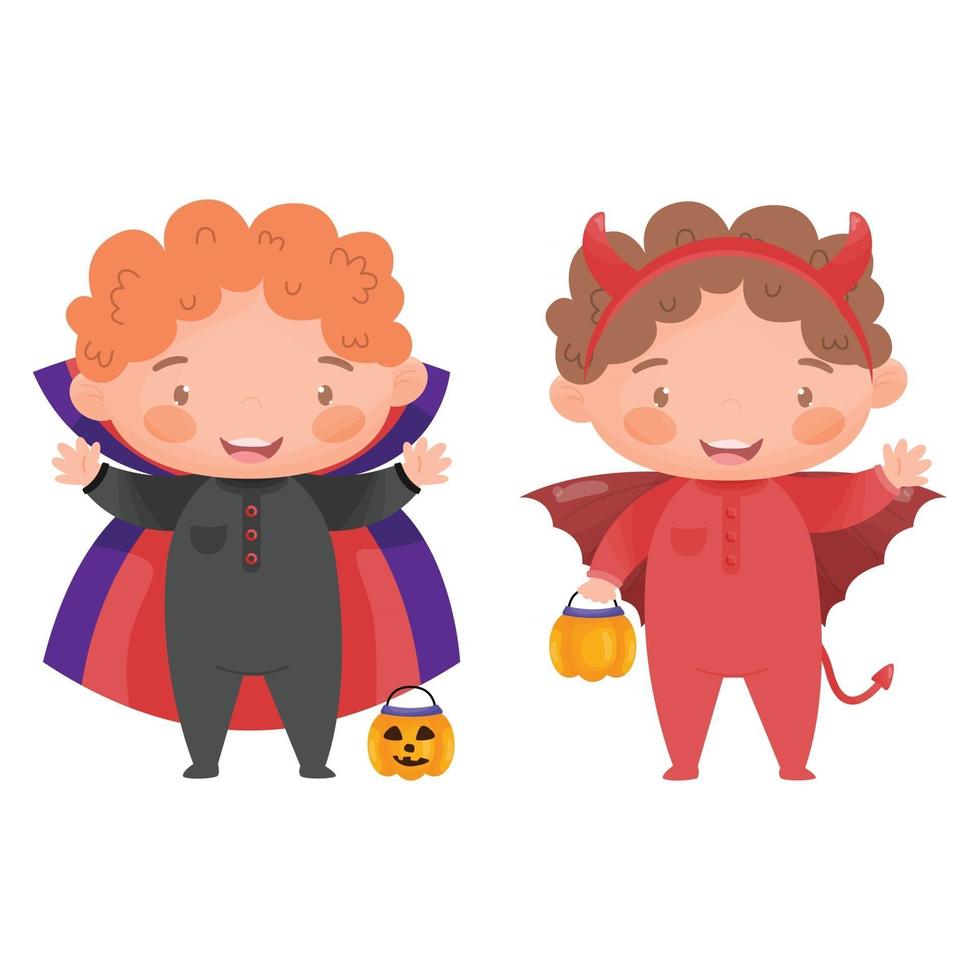 niños en disfraces de halloween drácula y demonio vector