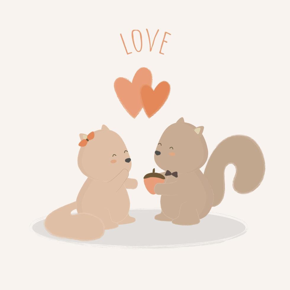 las parejas de ardillas comparten nuez lindos animales de dibujos animados enamorados vector romántico