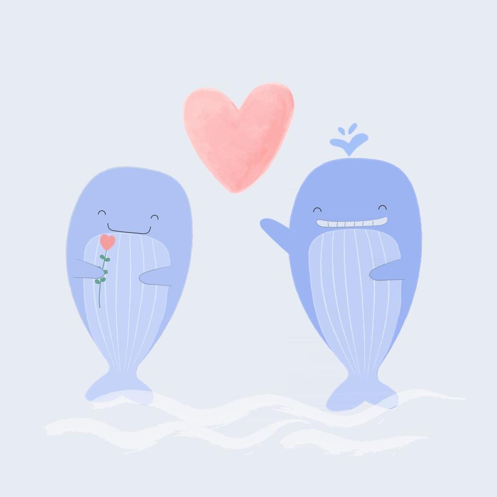 Diseño de ilustración vectorial ballena enamorada tan feliz con rosa vector
