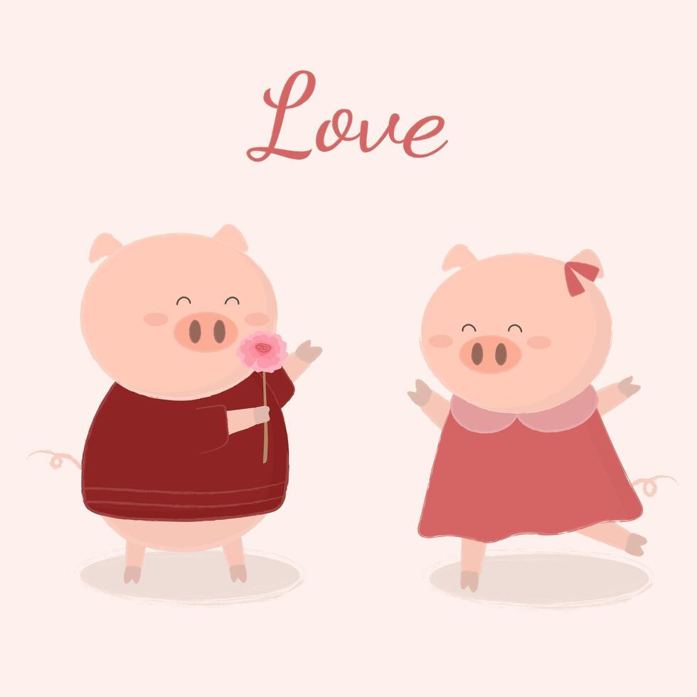 linda pareja de cerdos dar rosa con amor vector de dibujos animados animal enamorado