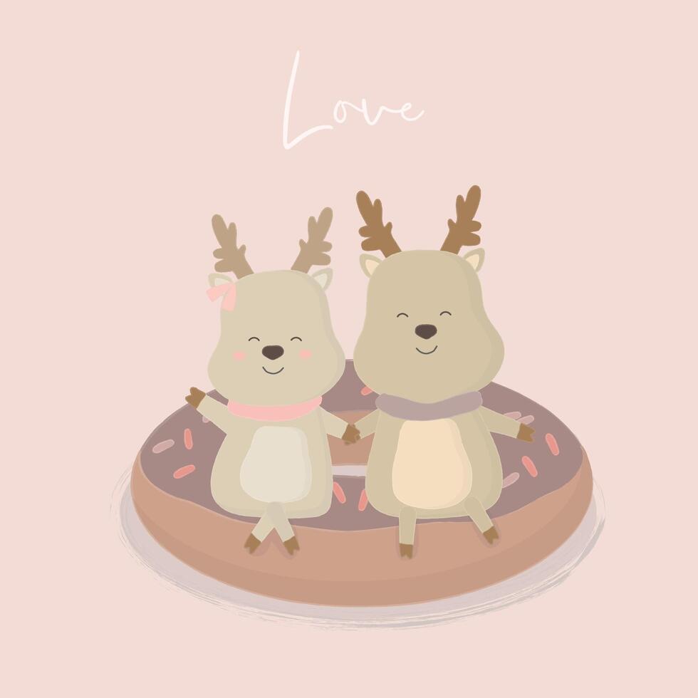 Lovely deer couple lying on donut cartoon animals cute lover concept vector