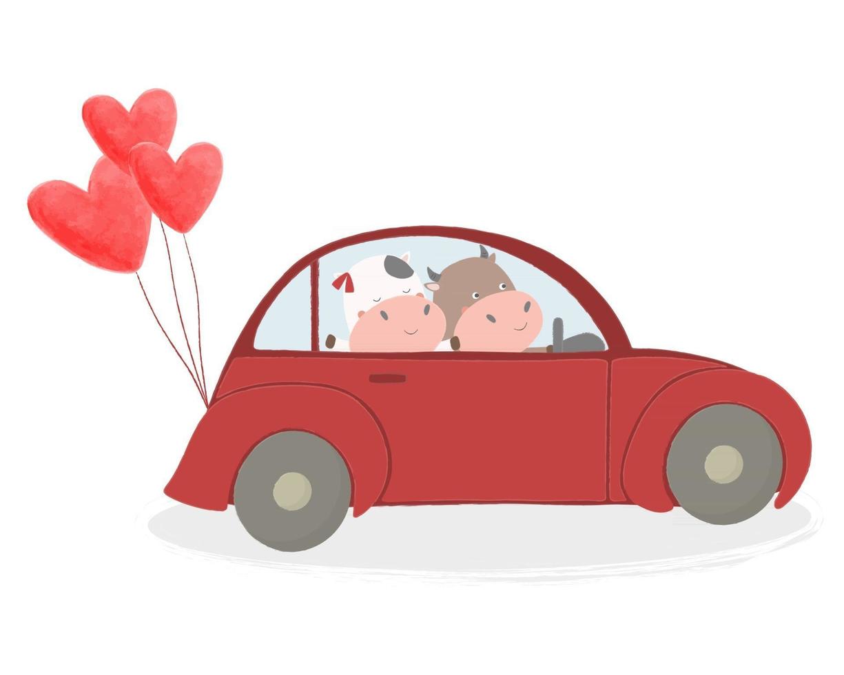 lovely cow couple in mini car just married vector