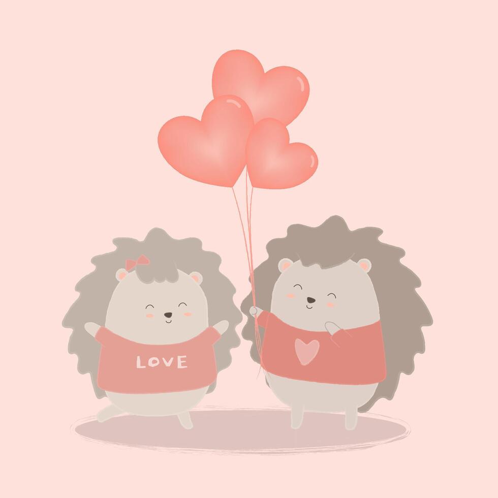 The hedgehog give heart balloon to couple with love vector