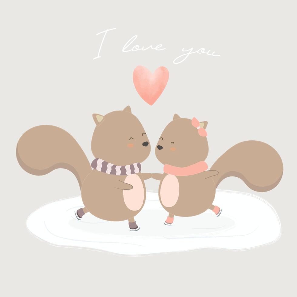 The squirrel couple playing skate on ice cute cartoon romantic in love vector