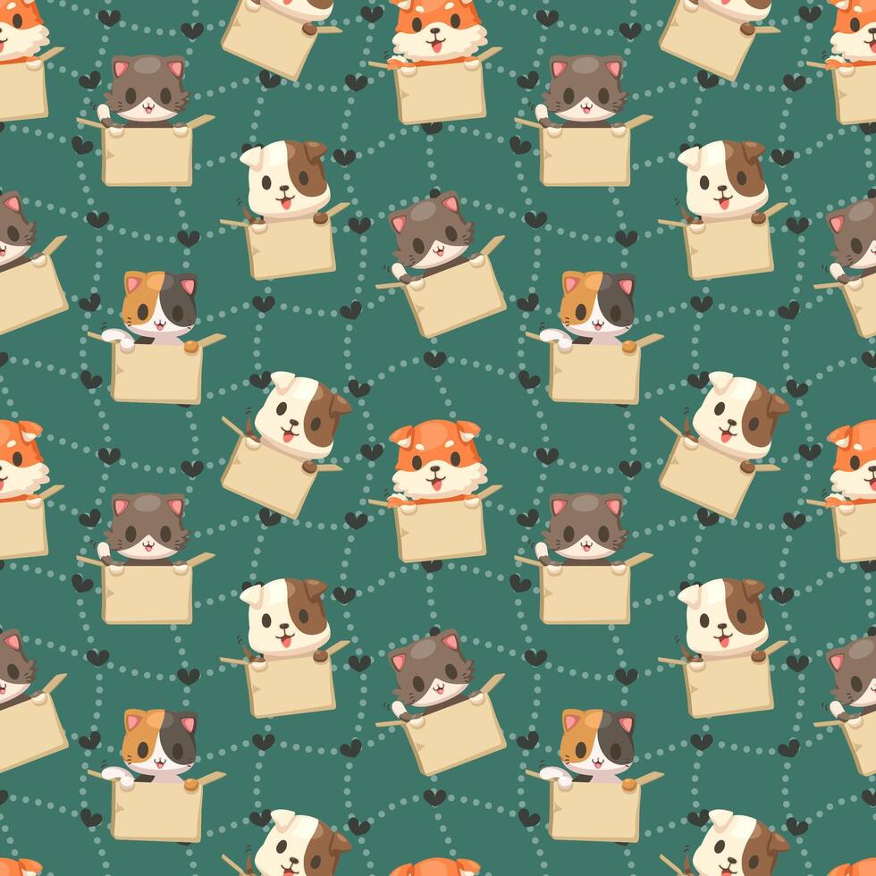 Seamless pattern dog and cat inside box cartoon character vector