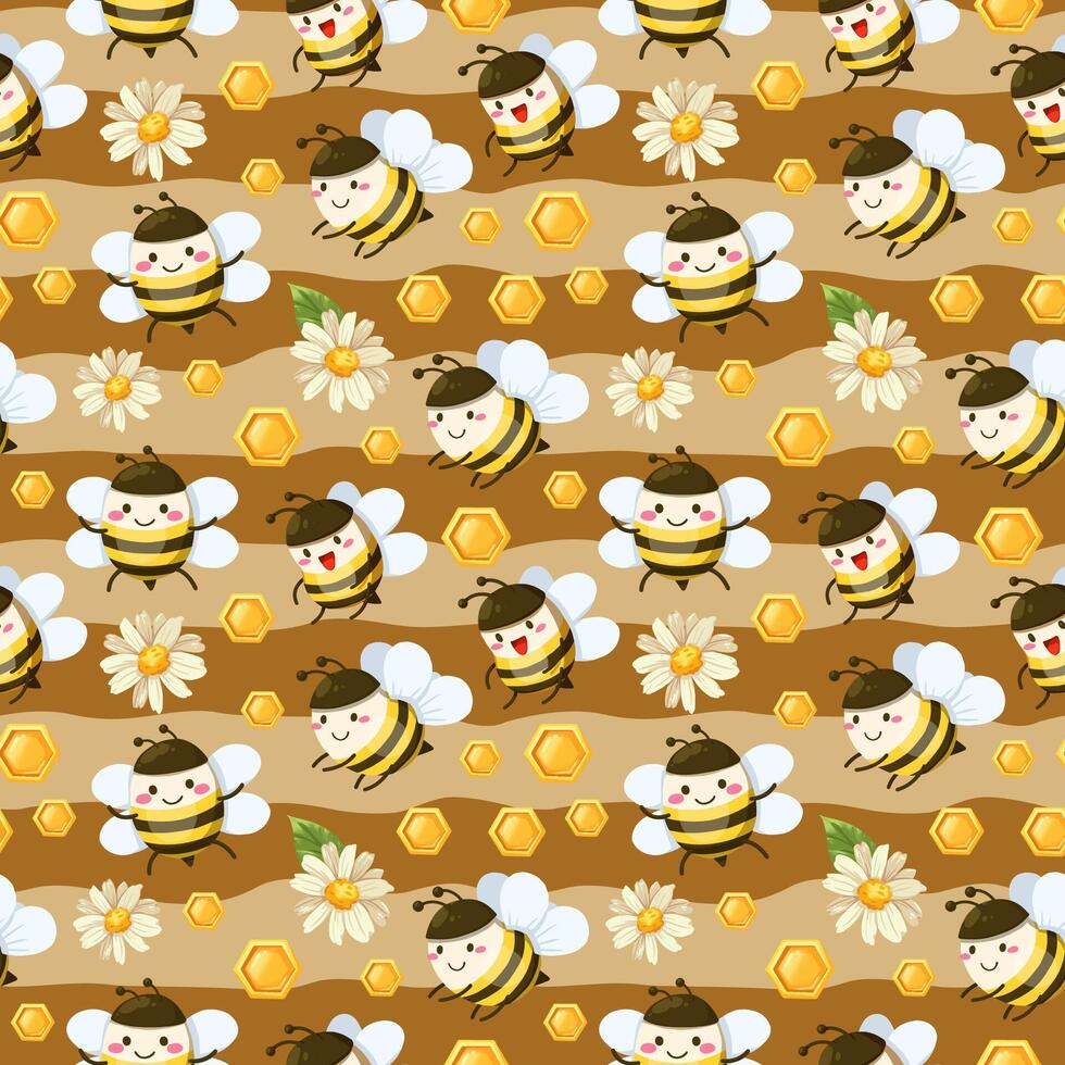 seamless pattern bee and honeycomp in cartoon characters vector