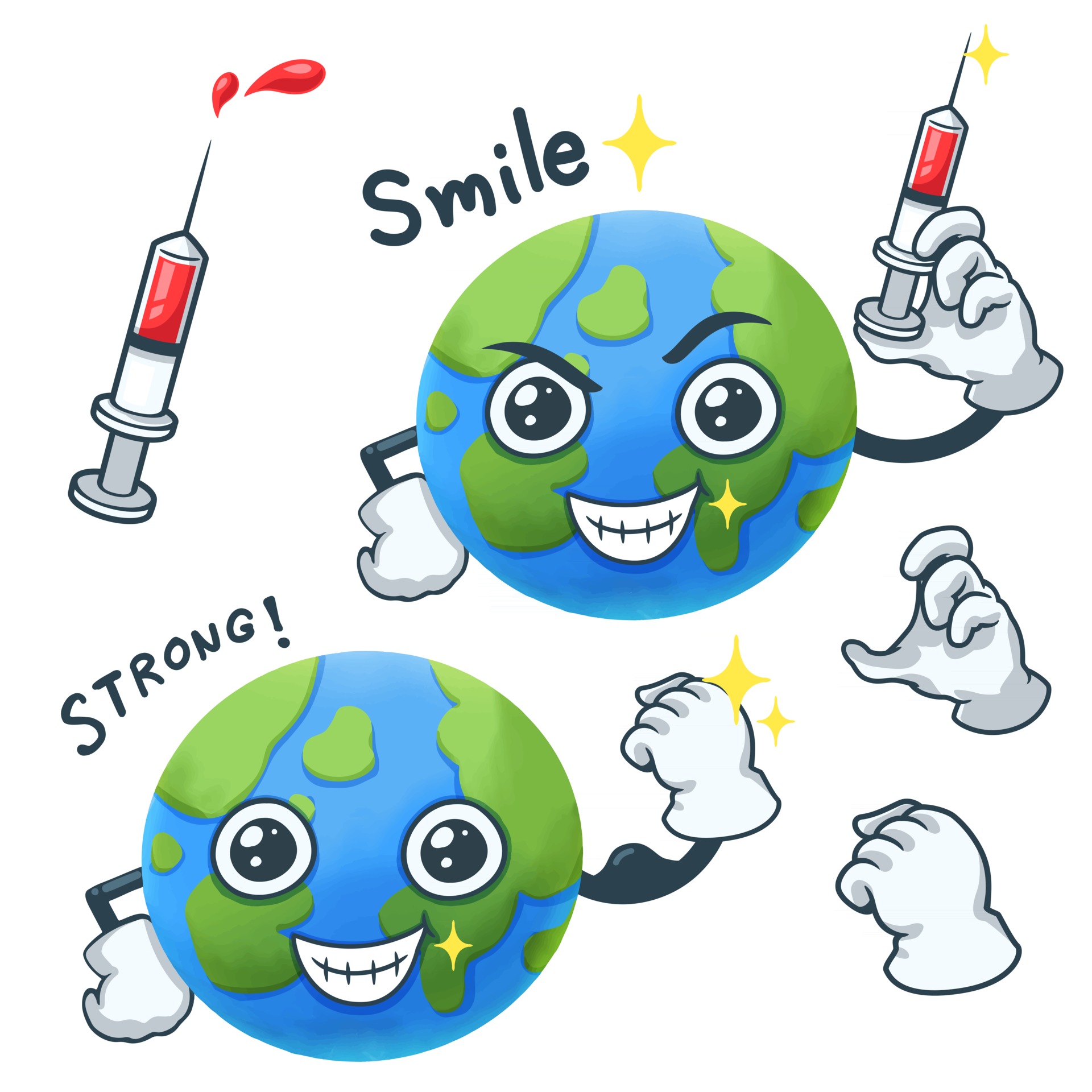 Bundle earth happy and strong with vaccine cartoon character 2915941 Vector  Art at Vecteezy