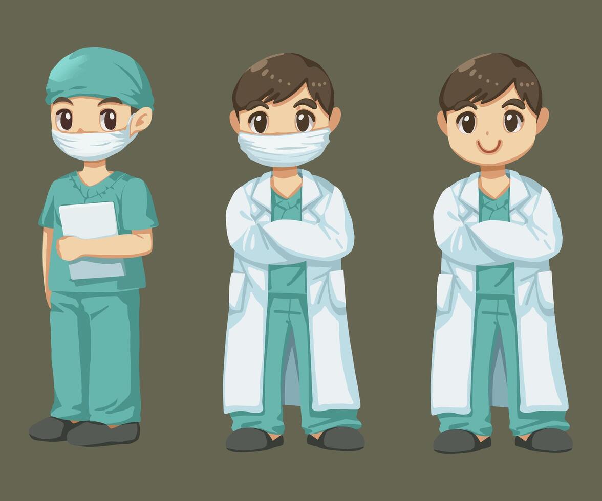 cartoon characters with Doctors and medical personnel wear protective clothing vector