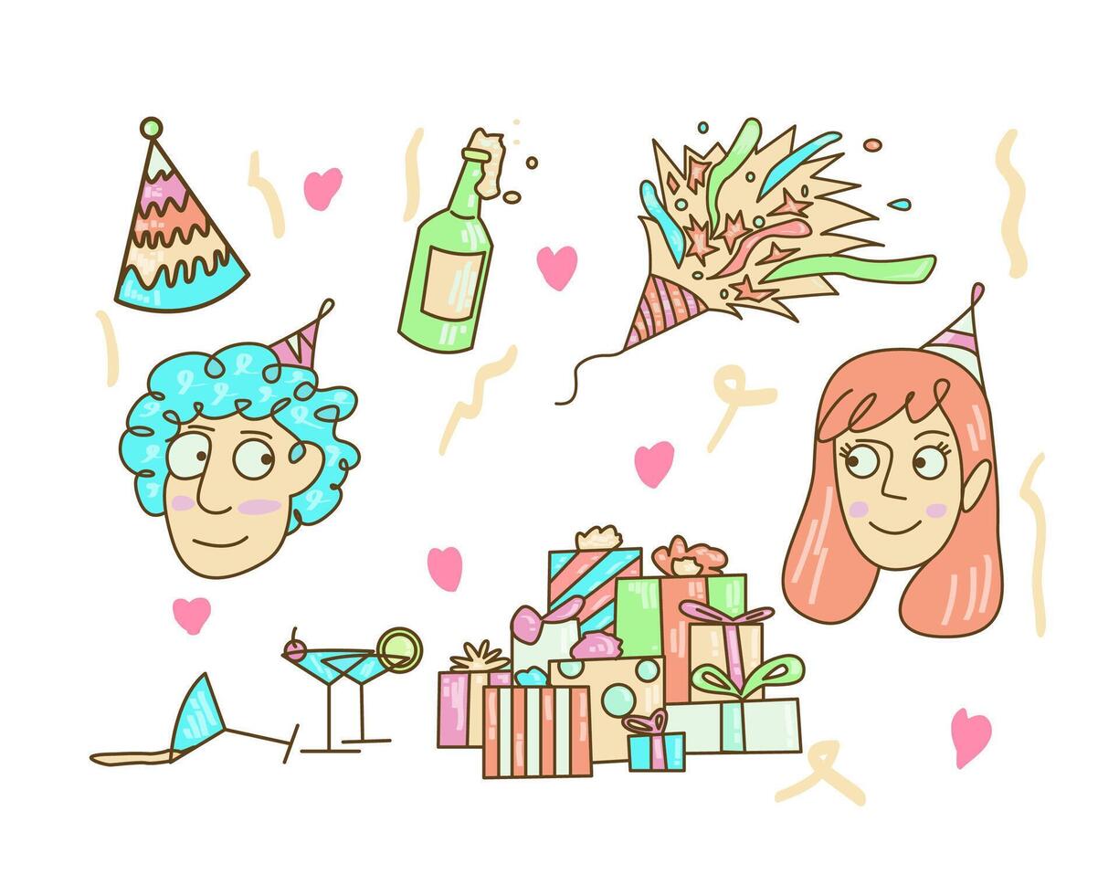 gran paquete de elementos vectoriales aislados para la decoración y calibración de la fiesta de cumpleaños, ilustración de icono de vector plano colorido