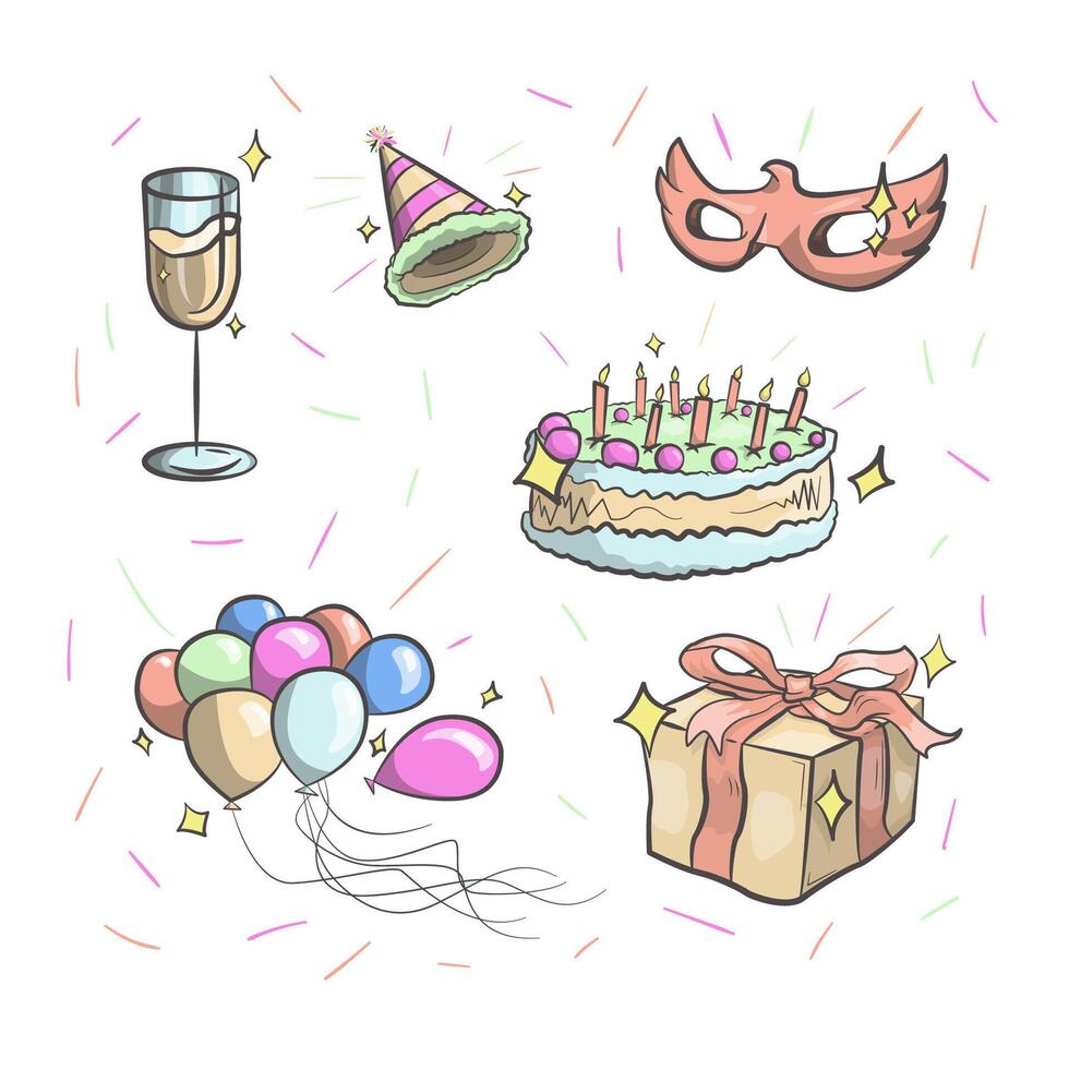 Big bundle of isolated vector elements for birthday party decoration and calibration, flat Colorful vector icon illustration