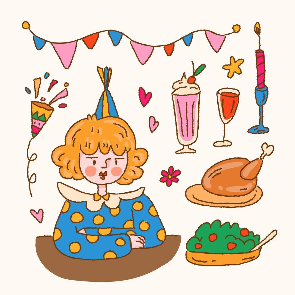 Big bundle of isolated vector elements for birthday party food, decoration and calibration, flat Colorful vector icon illustration