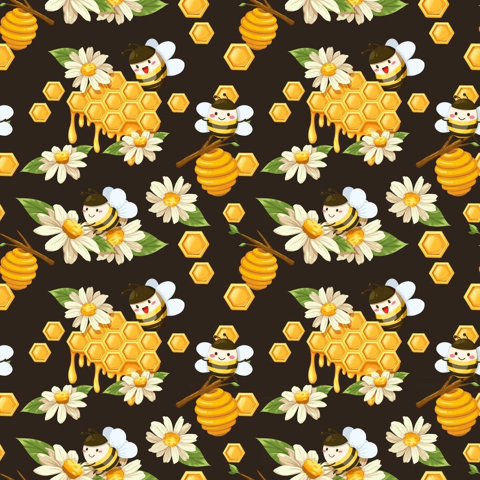 seamless pattern bee and honeycomp in cartoon characters vector