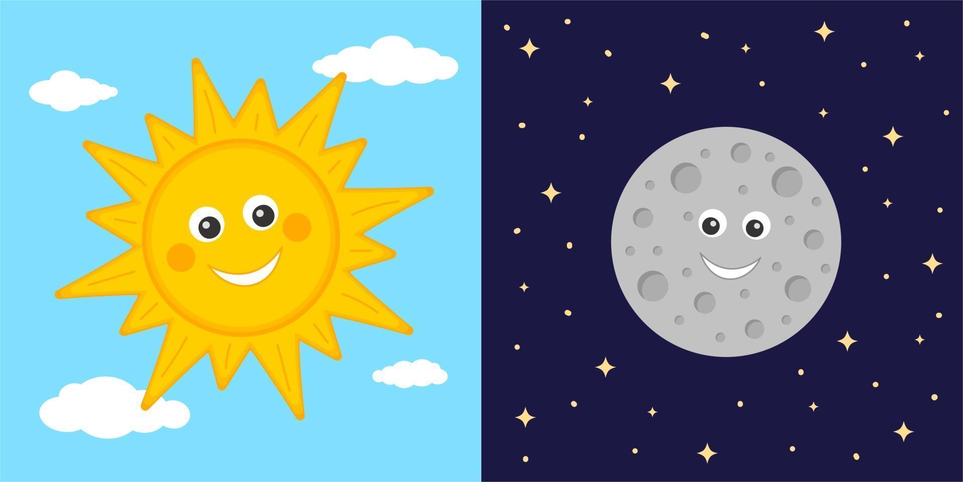 Day and night concept. Cute sun and moon characters. Sun on blue cloudy sky and moon on dark starry space background. Astronomy for kids vector