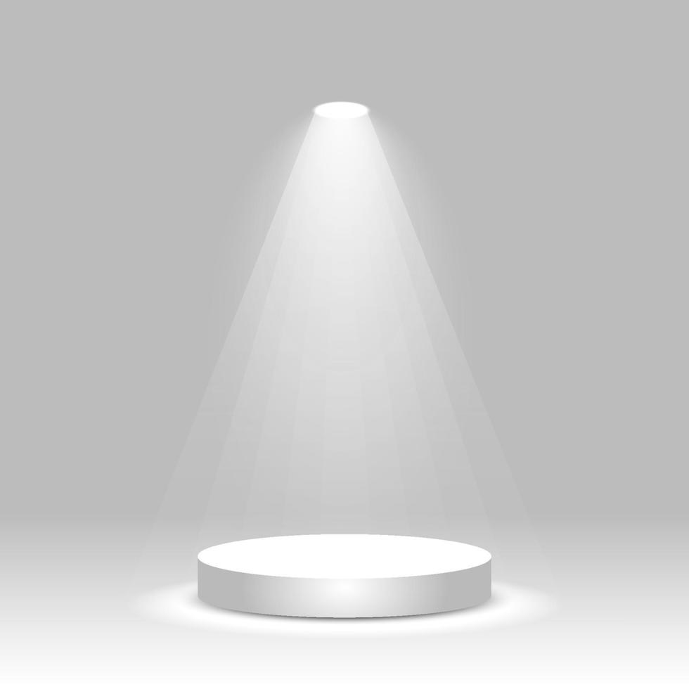 Realistic white round podium illuminated by spotlight. Empty winner stage, product pedestal, exhibition platform vector