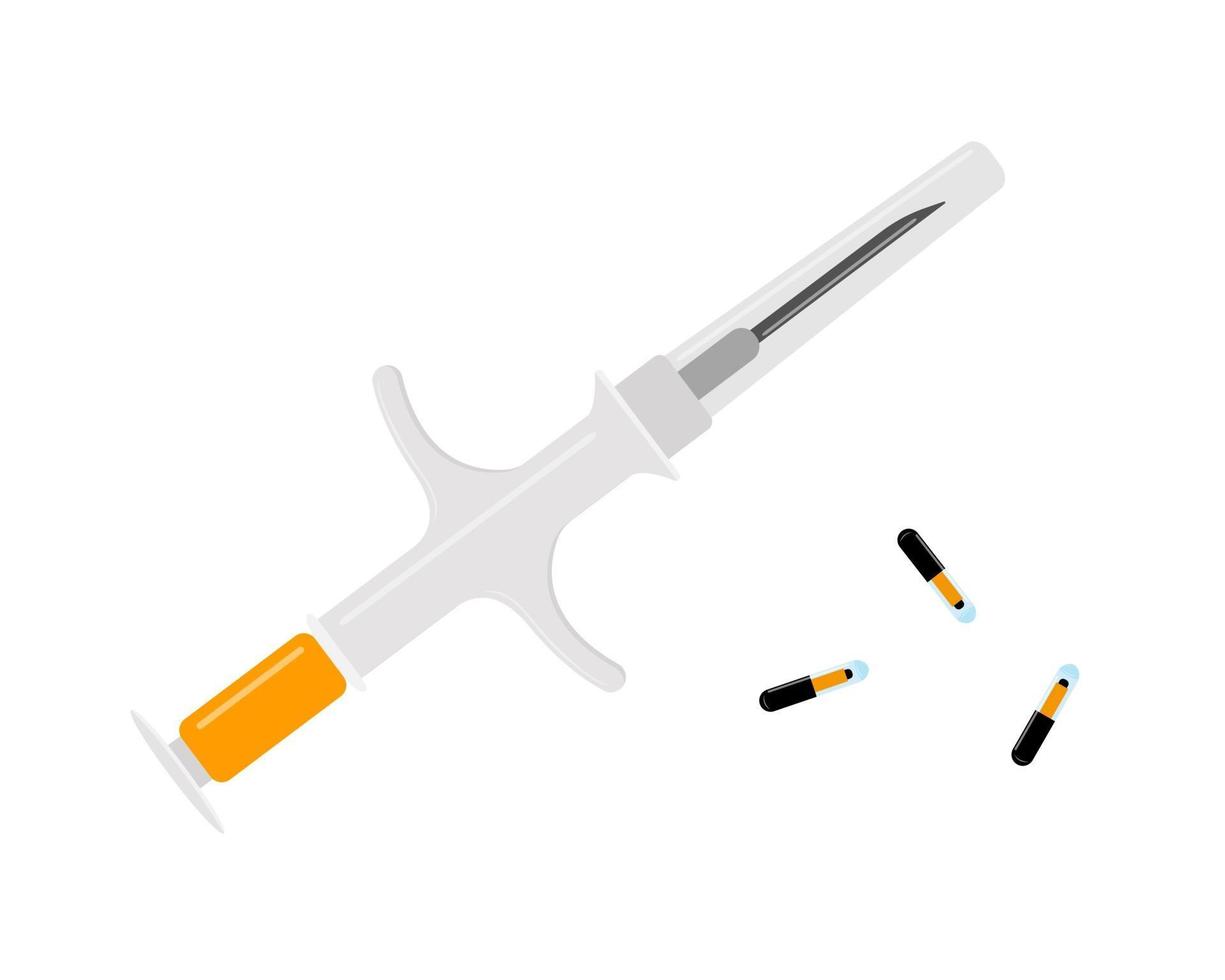 Pet microchips with syringe isolated on white background. Microchipping for dogs, cats and cattle. Animals permanent identification, ID, RFID technology vector