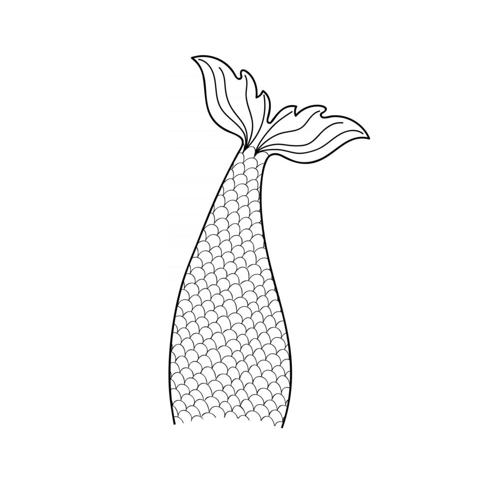 Hand drawn mermaid tail isolated on white background. Vector doodle outline illustration for print design or coloring books