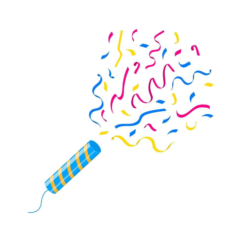Exploding party popper stick with colorful confetti isolated on white background. Celebration concept. Symbol of birthday, Christmas, New Year and other festive events vector