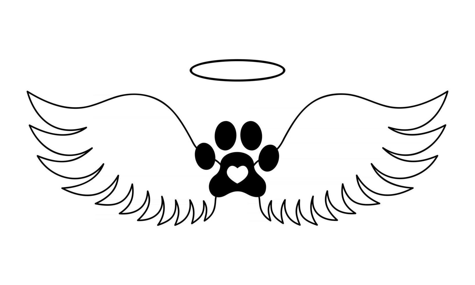 Dogs paw with angel wings, halo and heart inside. Pet memorial concept. Printable and cuttable graphic design for tattoo, tshirt, memory board, tombstone vector