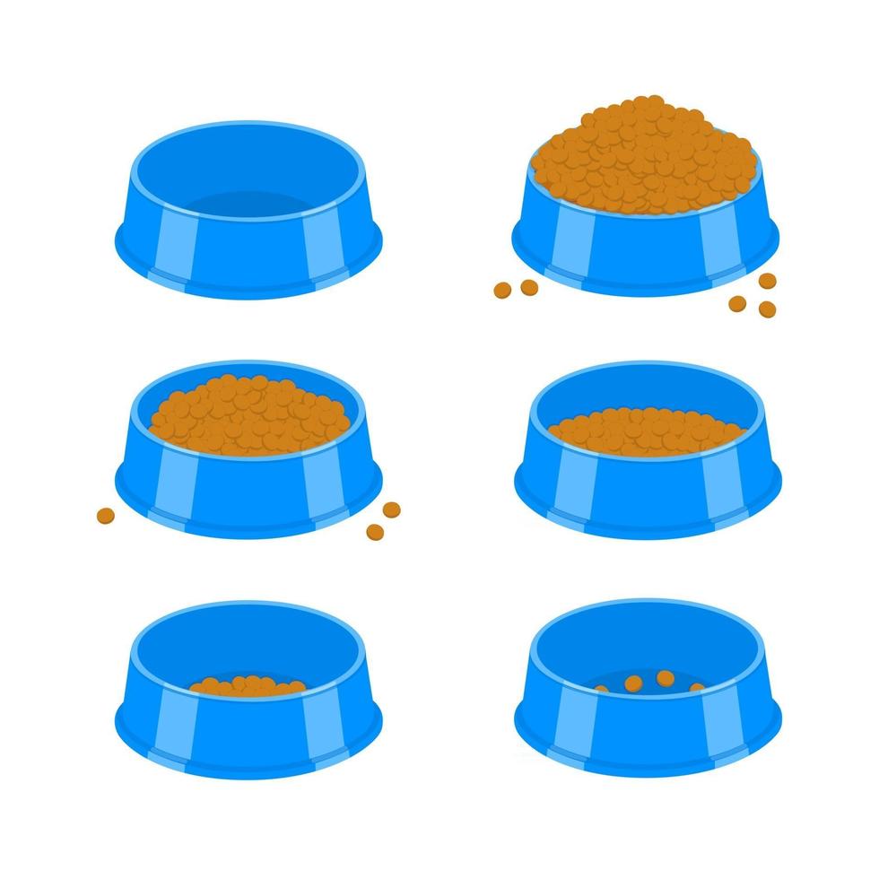 Juego de tazones de comida para perros o gatos. Platos de plástico para mascotas vacíos y llenos de comida seca. vector