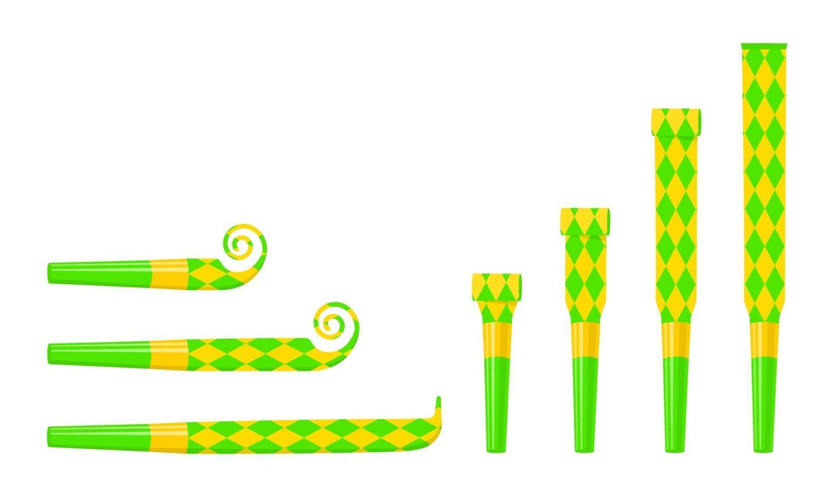 Rolled and unrolled party blowers, horns, noise makers. Green and yellow sound whistles with rhombus pattern isolated on white background. Side and top view vector