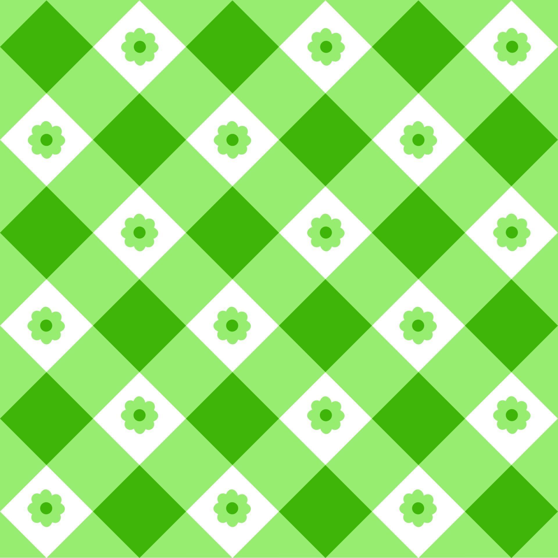 Green and white gingham seamless pattern with flowers. Checkered
