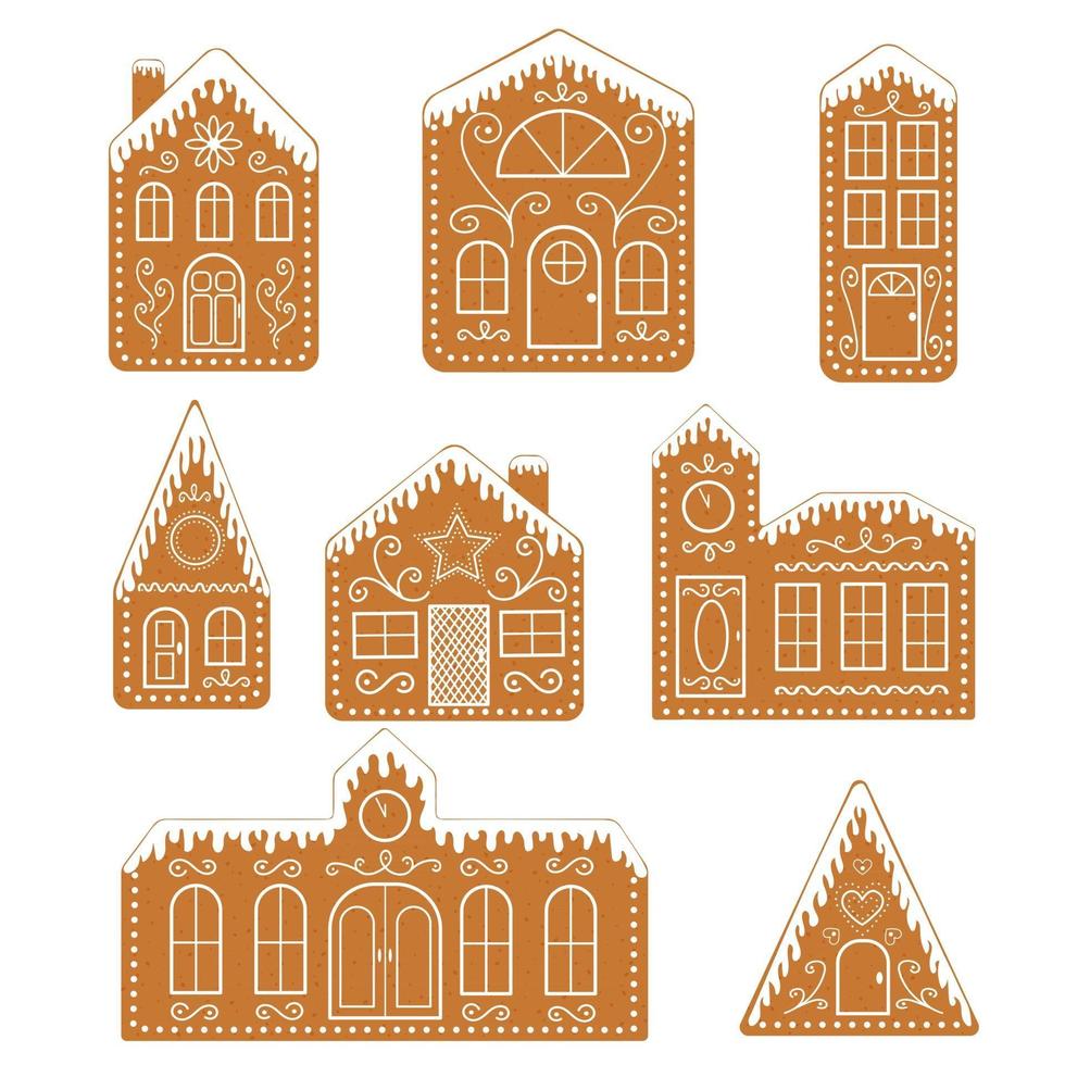 Set of isolated gingerbread houses. Traditional Christmas cookies vector