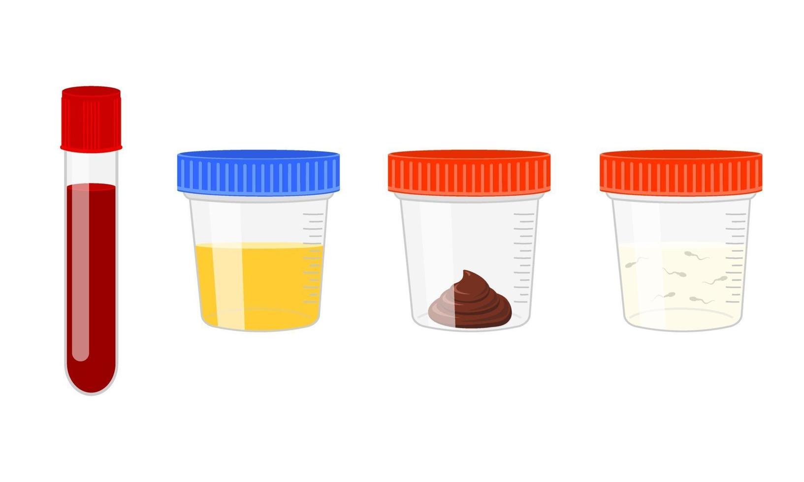 Medical tests of blood, urine, stool, sperm. Urinalysis, blood, poo and semen analysis set. Laboratory examination concept vector