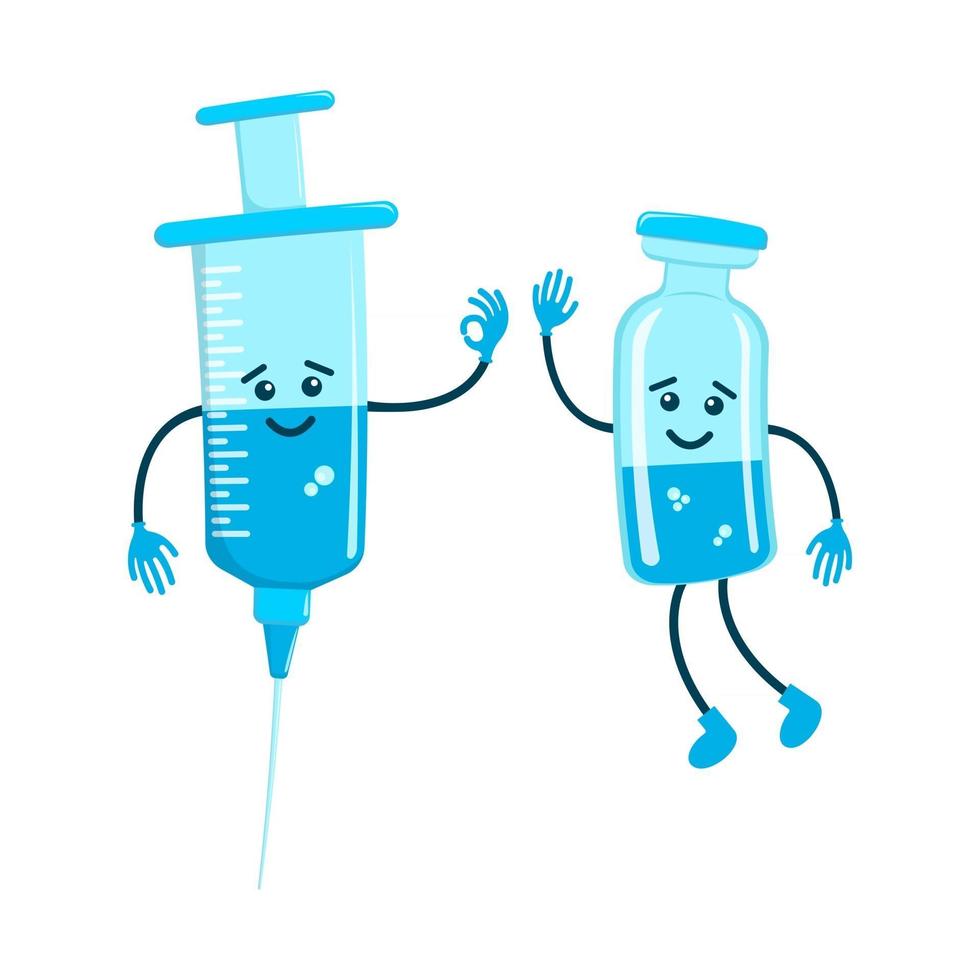 Cute cartoon syringe and vaccine characters isolated on white background. Medicine or vaccination theme for kids vector