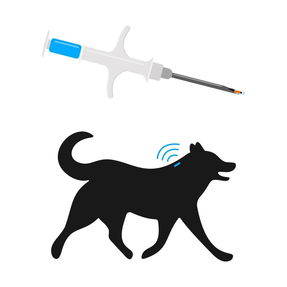 Syringe with microchip and dog silhouette with implant and RFID signal. Concept of pets microchipping, animals permanent ID vector