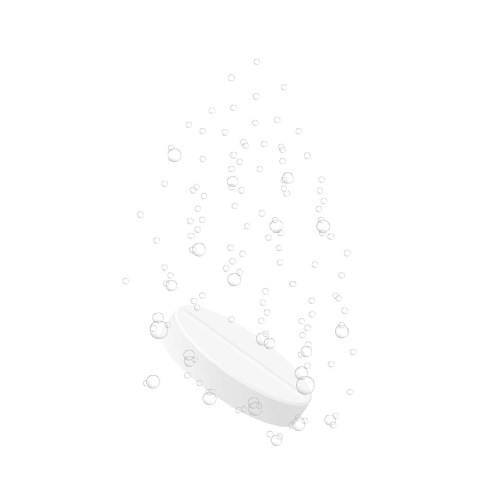 Effervescent soluble tablet with underwater bubbles isolated on white background. Medicine pill dissolving in water vector