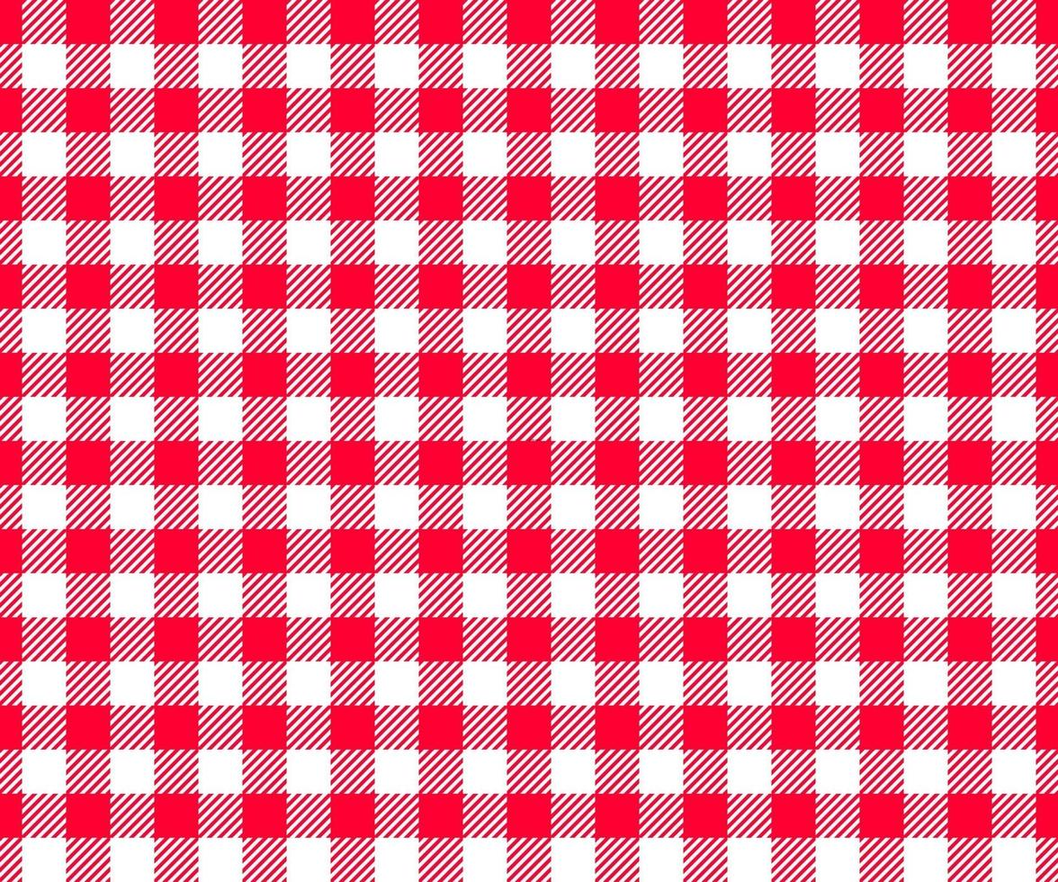 Red and white checkered background with striped squares for picnic blanket, tablecloth, plaid, shirt textile design. Gingham seamless pattern. Fabric geometric texture vector