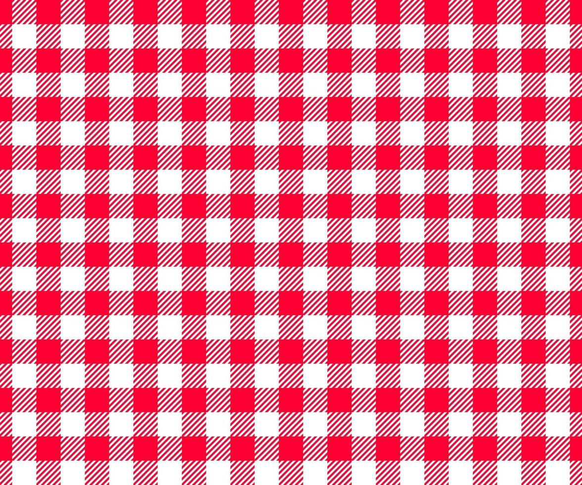 Red and white checkered background with striped squares for picnic blanket, tablecloth, plaid, shirt textile design. Gingham seamless pattern. Fabric geometric texture vector