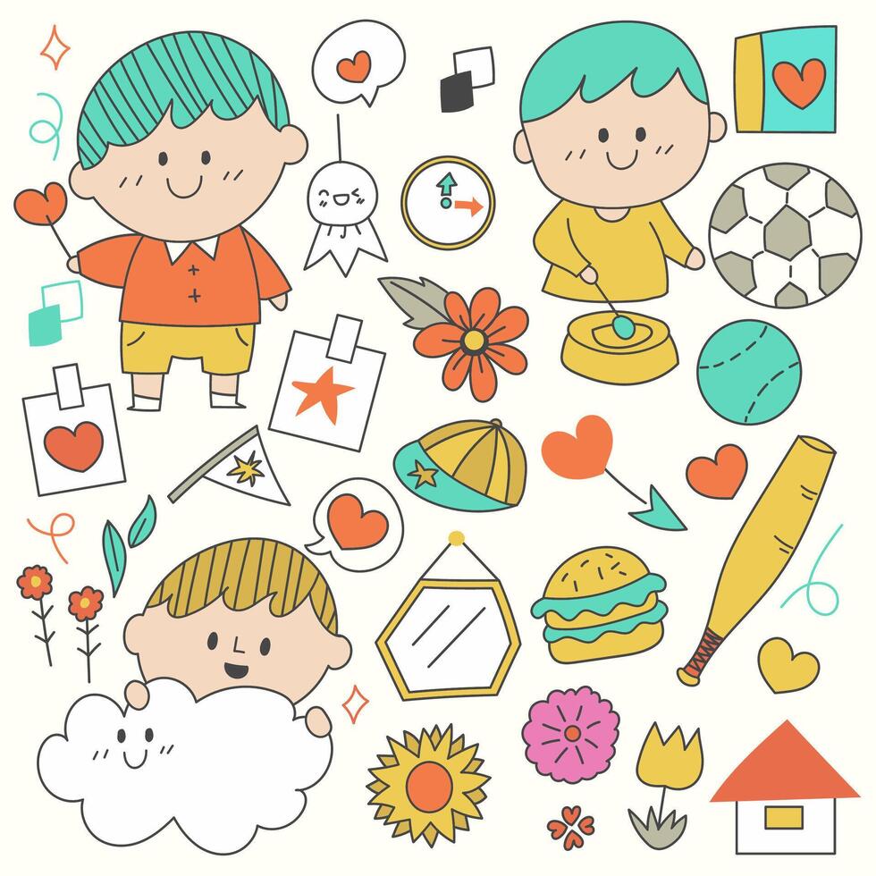 Set of big isolated hand drawn doodle for decoration in kid concept, colorful flat vector illustration