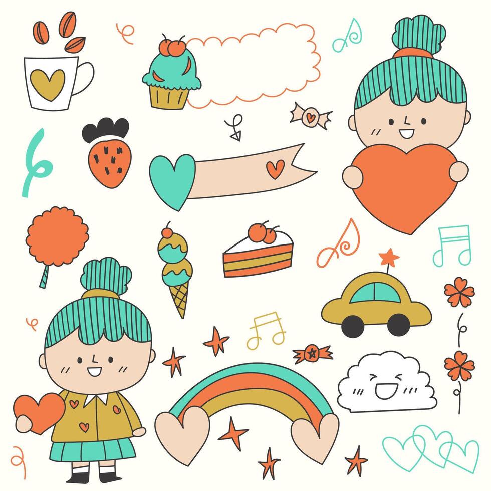 Set of big isolated hand drawn doodle for decoration in kid concept, colorful flat vector illustration