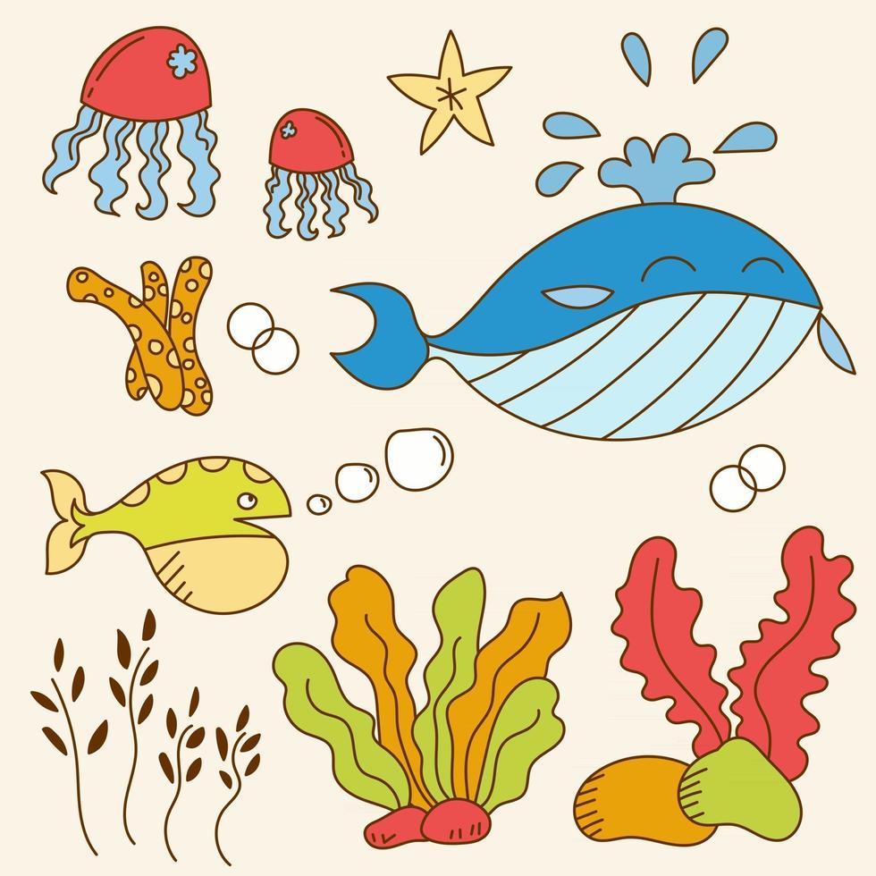 Set of big isolated hand drawn doodle of sea fish and tree in kid concept, colorful flat vector illustration