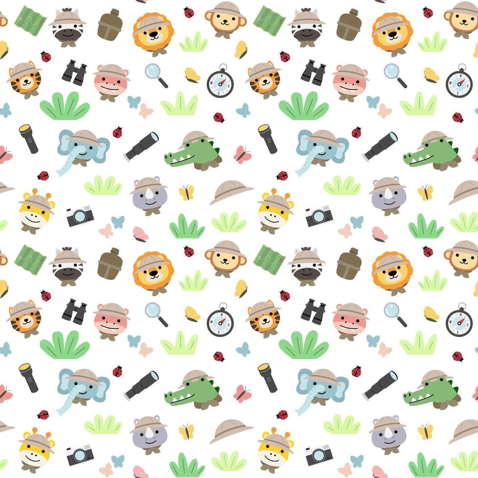 A set of big Isolated Vector animal adventure traveling illustration, hand drawn style, hiking and camping concept with traveling elements on white background.