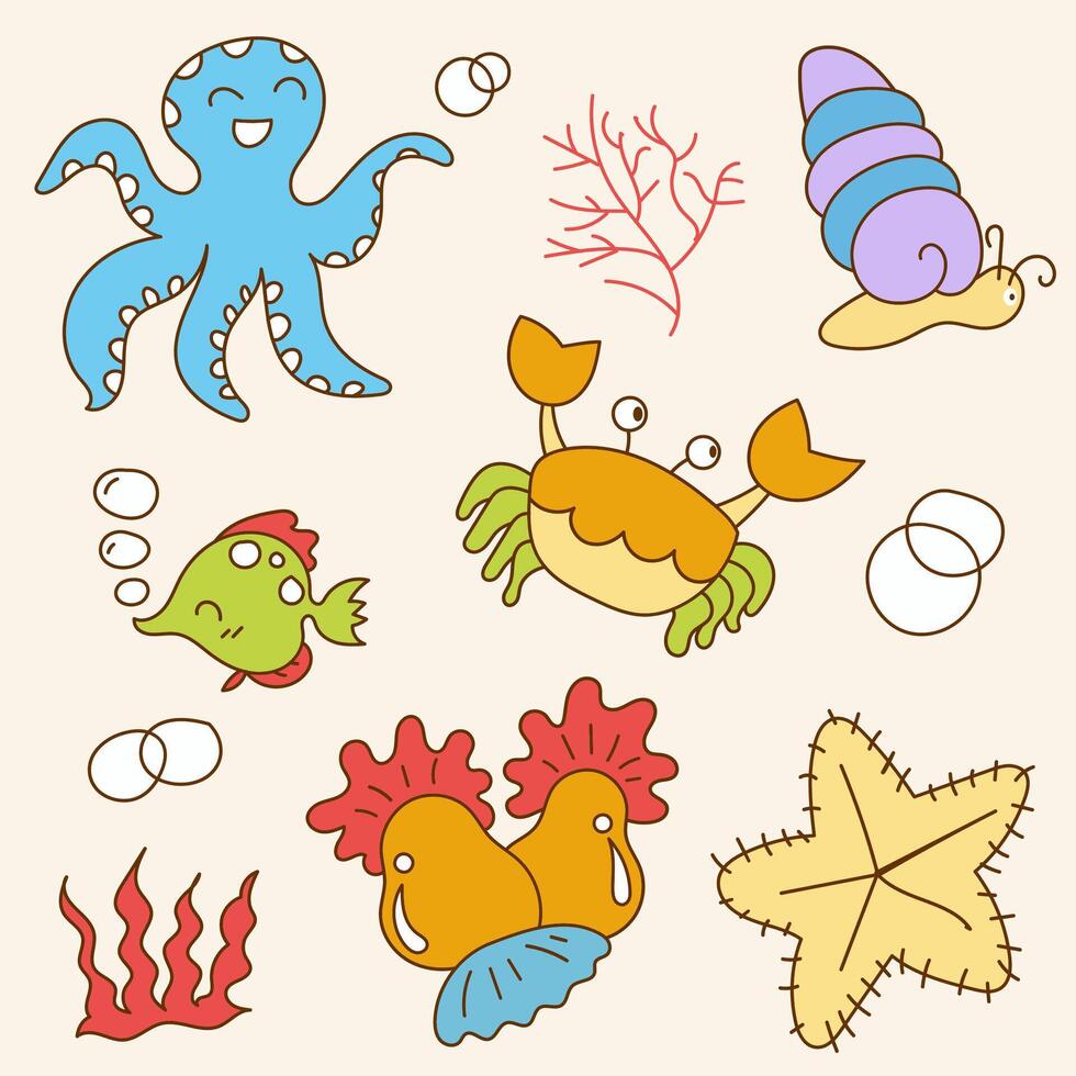 Set of big isolated hand drawn doodle of sea animal's in kid concept, colorful flat vector illustration