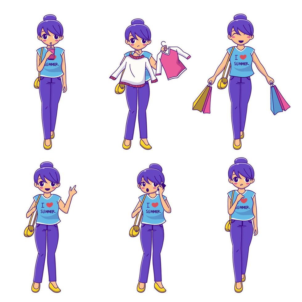 Set of lovely girl cartoon shopping character collection vector