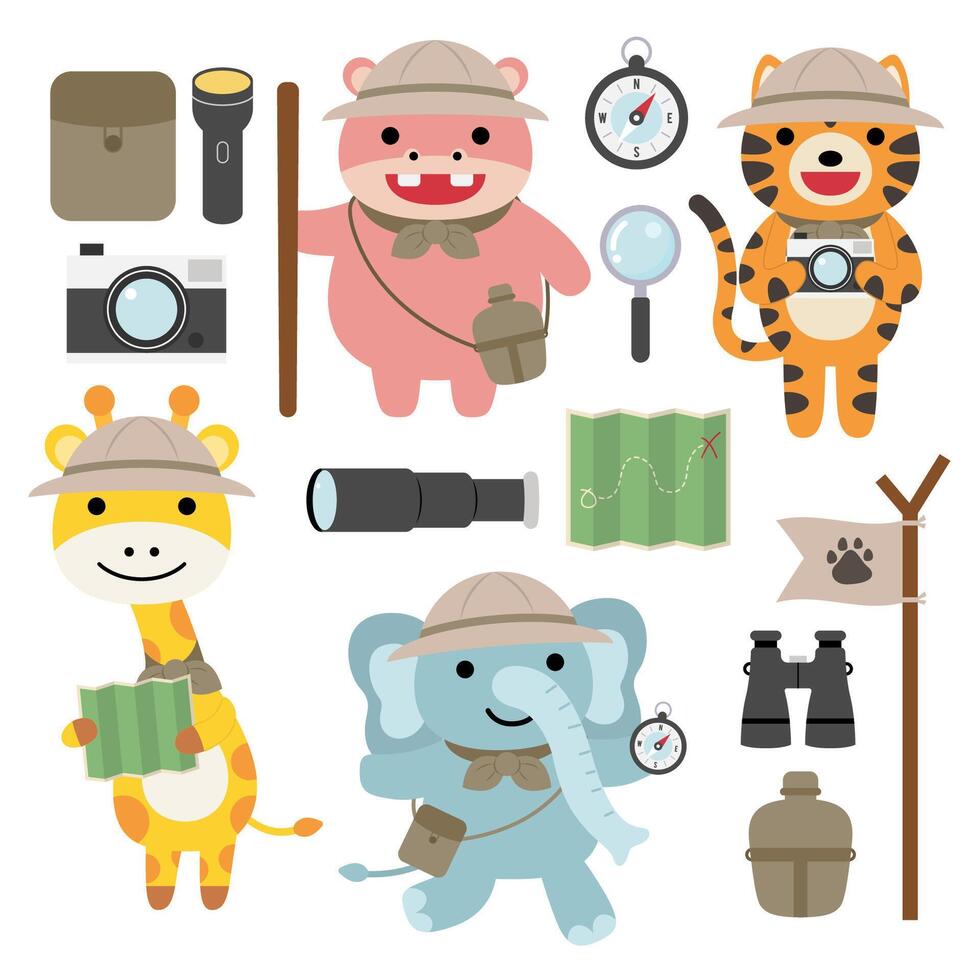 A set of big Isolated Vector animal adventure traveling illustration, hand drawn style, hiking and camping concept with traveling elements on white background.